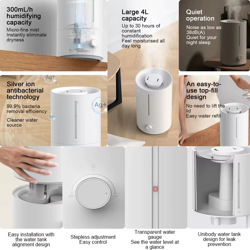 MIJIA Humidifier 2 - 4L Ultrasonic Mist Diffuser with Silver Ion Antibacterial Technology for Home Aromatherapy