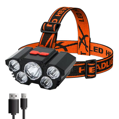 Rechargeable 5 LED Flashlight with Built-in Battery - High-Intensity Headlamp for Camping, Adventure, and Fishing