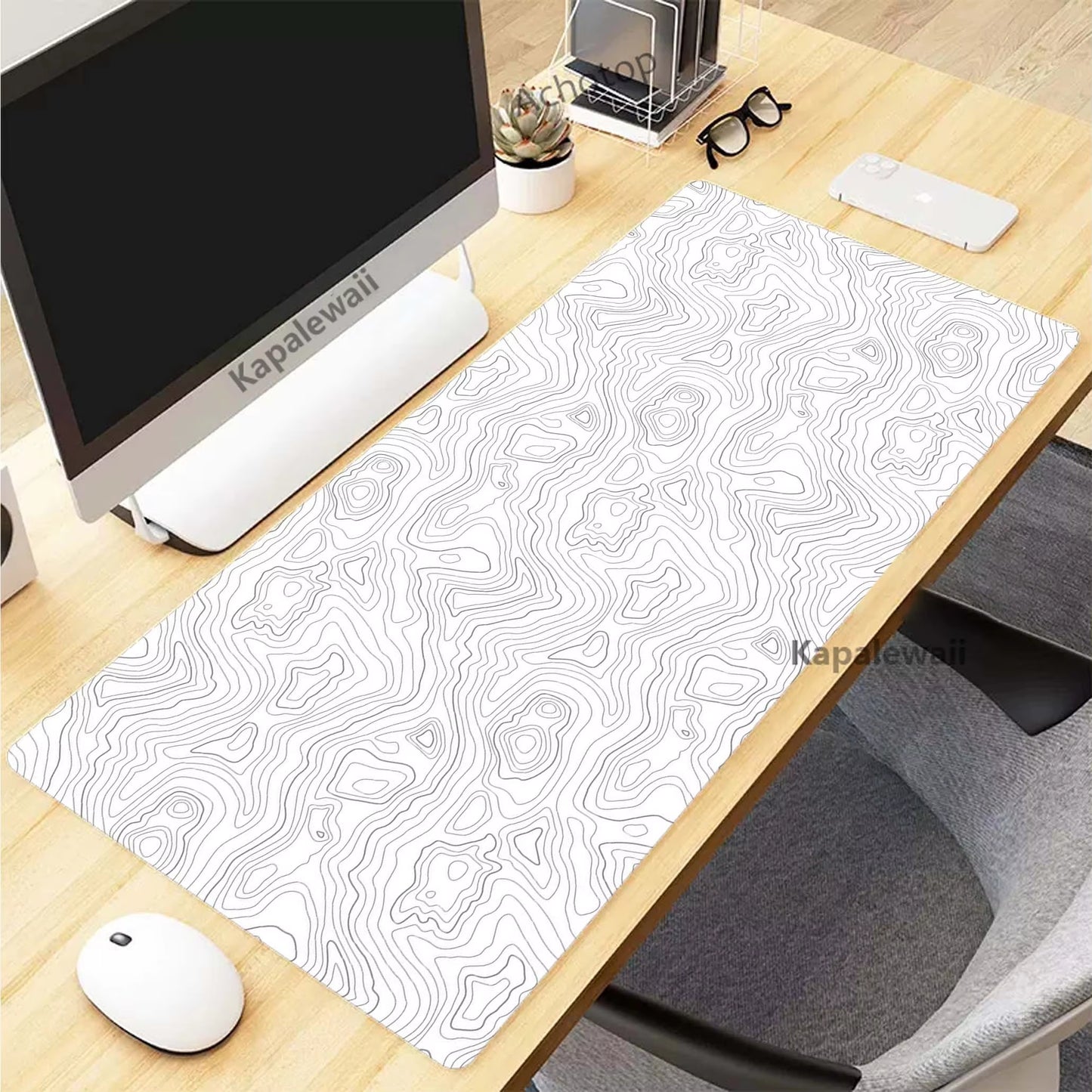 Topographic Desk Mat — Black & White XXL Mouse Pad (600×300 mm to 1000×500 mm)