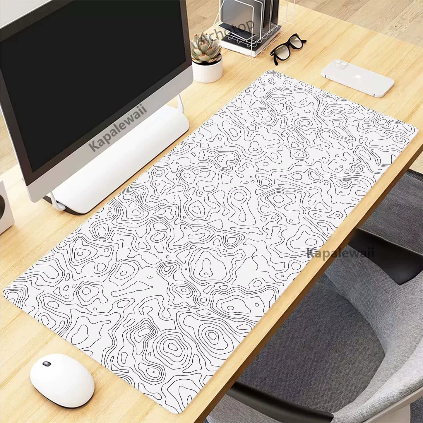 Topographic Desk Mat — Black & White XXL Mouse Pad (600×300 mm to 1000×500 mm)