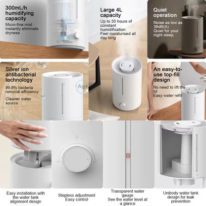 MIJIA Humidifier 2 - 4L Ultrasonic Mist Diffuser with Silver Ion Antibacterial Technology for Home Aromatherapy