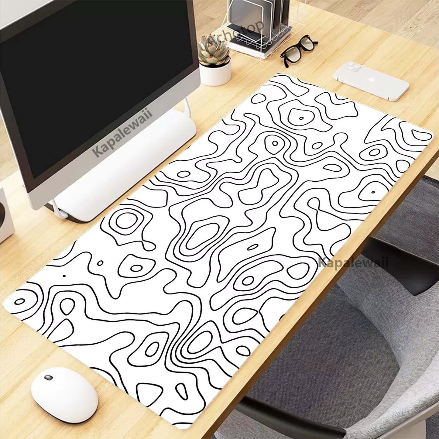 Topographic Desk Mat — Black & White XXL Mouse Pad (600×300 mm to 1000×500 mm)