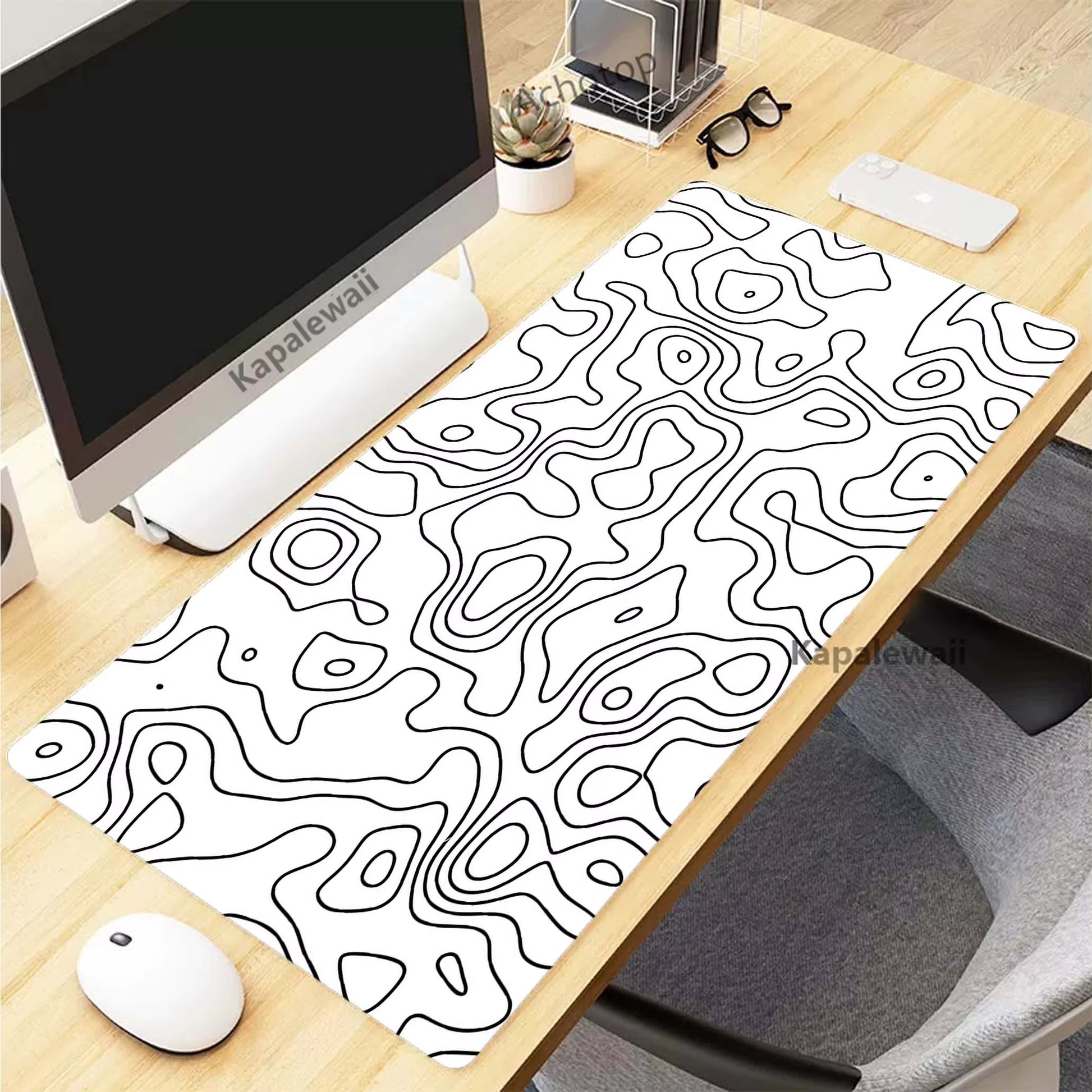 Topographic Desk Mat — Black & White XXL Mouse Pad (600×300 mm to 1000×500 mm)