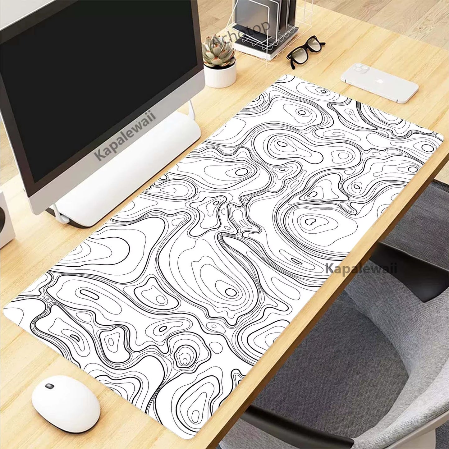 Topographic Desk Mat — Black & White XXL Mouse Pad (600×300 mm to 1000×500 mm)