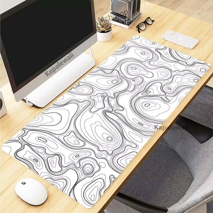 Topographic Desk Mat — Black & White XXL Mouse Pad (600×300 mm to 1000×500 mm)