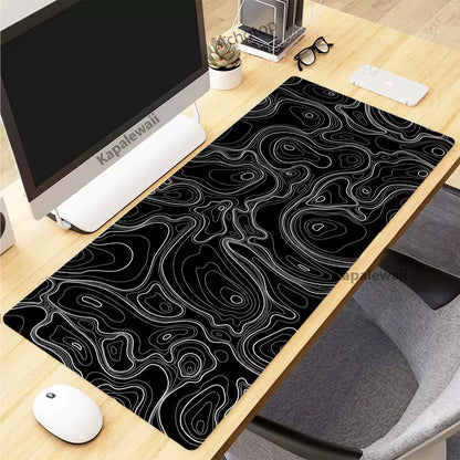 Topographic Desk Mat — Black & White XXL Mouse Pad (600×300 mm to 1000×500 mm)