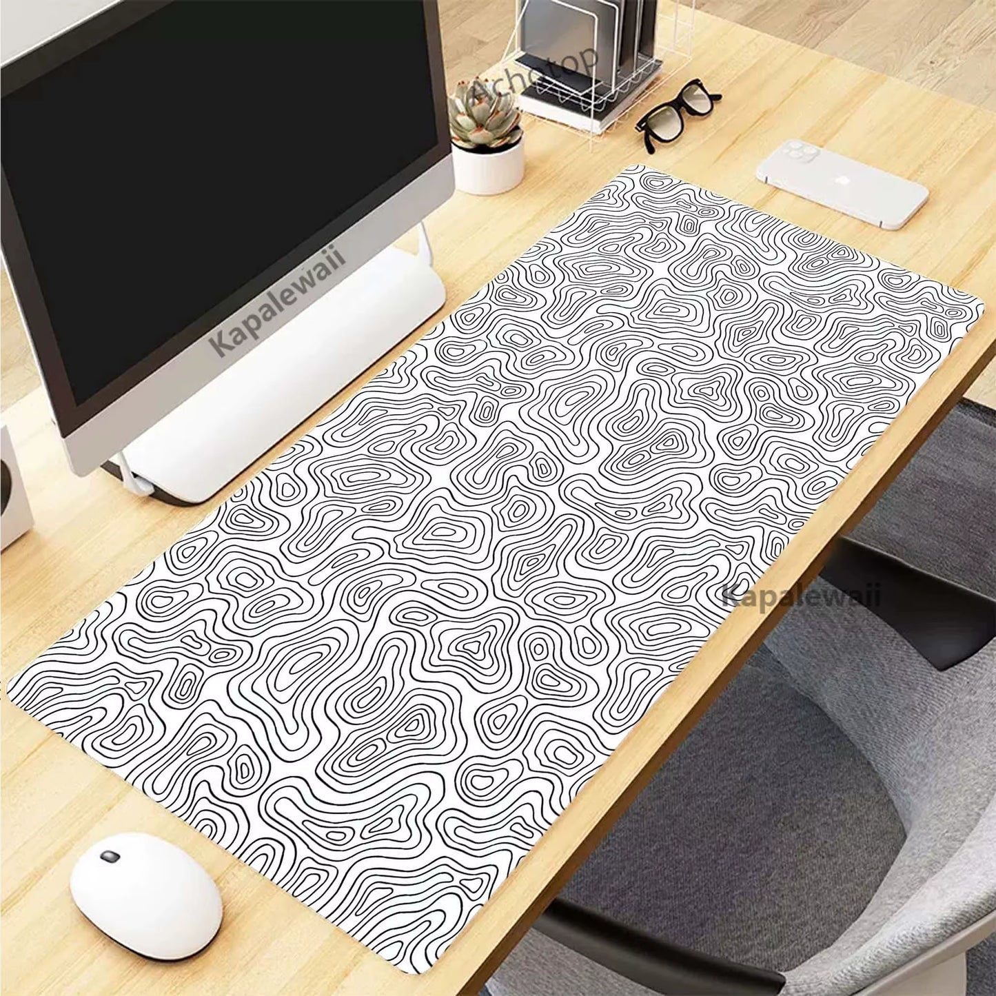 Topographic Desk Mat — Black & White XXL Mouse Pad (600×300 mm to 1000×500 mm)