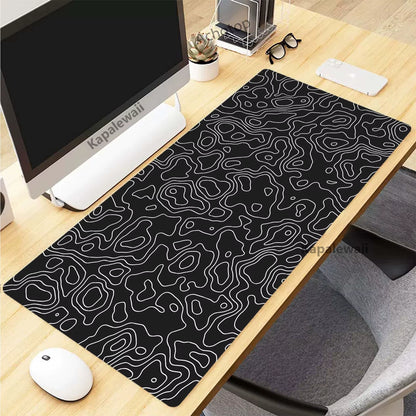 Topographic Desk Mat — Black & White XXL Mouse Pad (600×300 mm to 1000×500 mm)