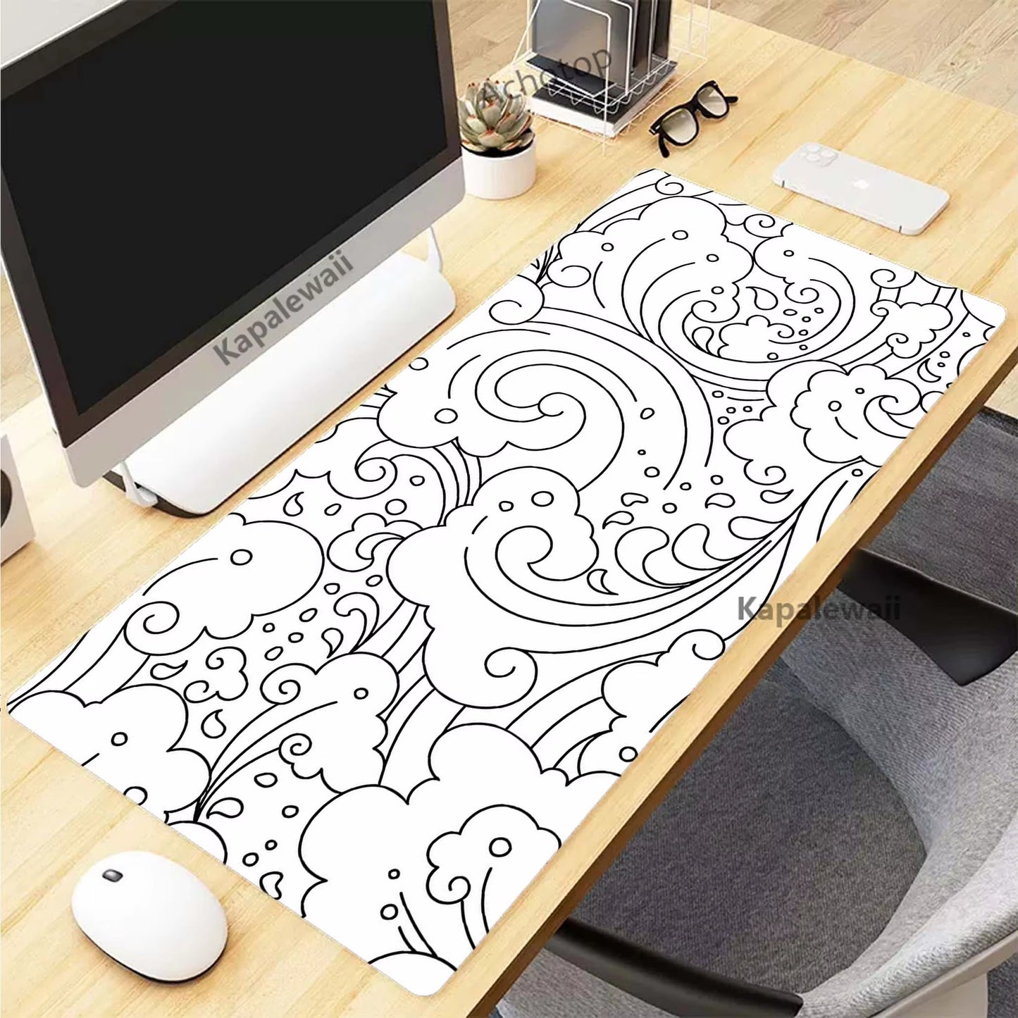 Topographic Desk Mat — Black & White XXL Mouse Pad (600×300 mm to 1000×500 mm)