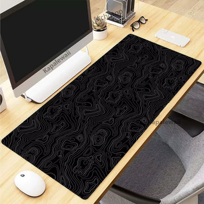 Topographic Desk Mat — Black & White XXL Mouse Pad (600×300 mm to 1000×500 mm)