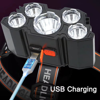 Rechargeable 5 LED Flashlight with Built-in Battery - High-Intensity Headlamp for Camping, Adventure, and Fishing